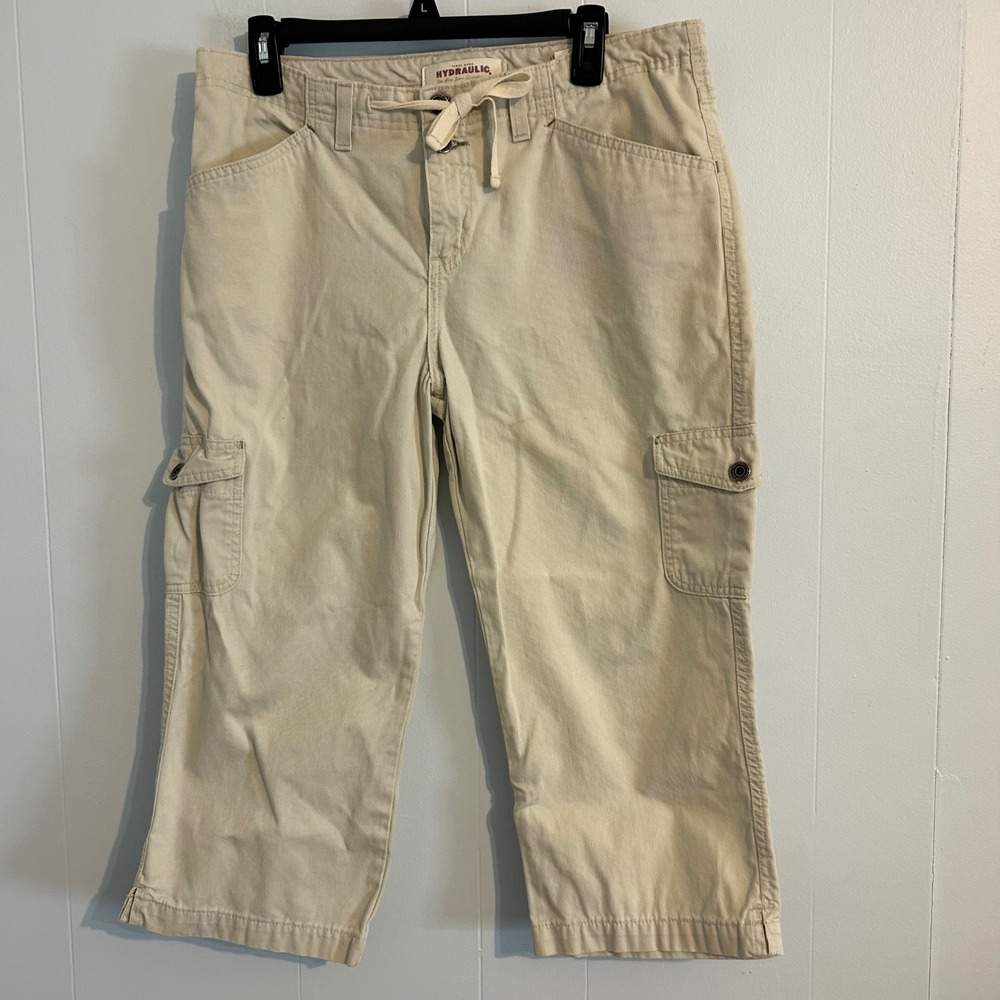 Hydraulic Womens Khaki Cargo Capri Pants Tan Drawstring Waist Size 11/12‎ Y2K
